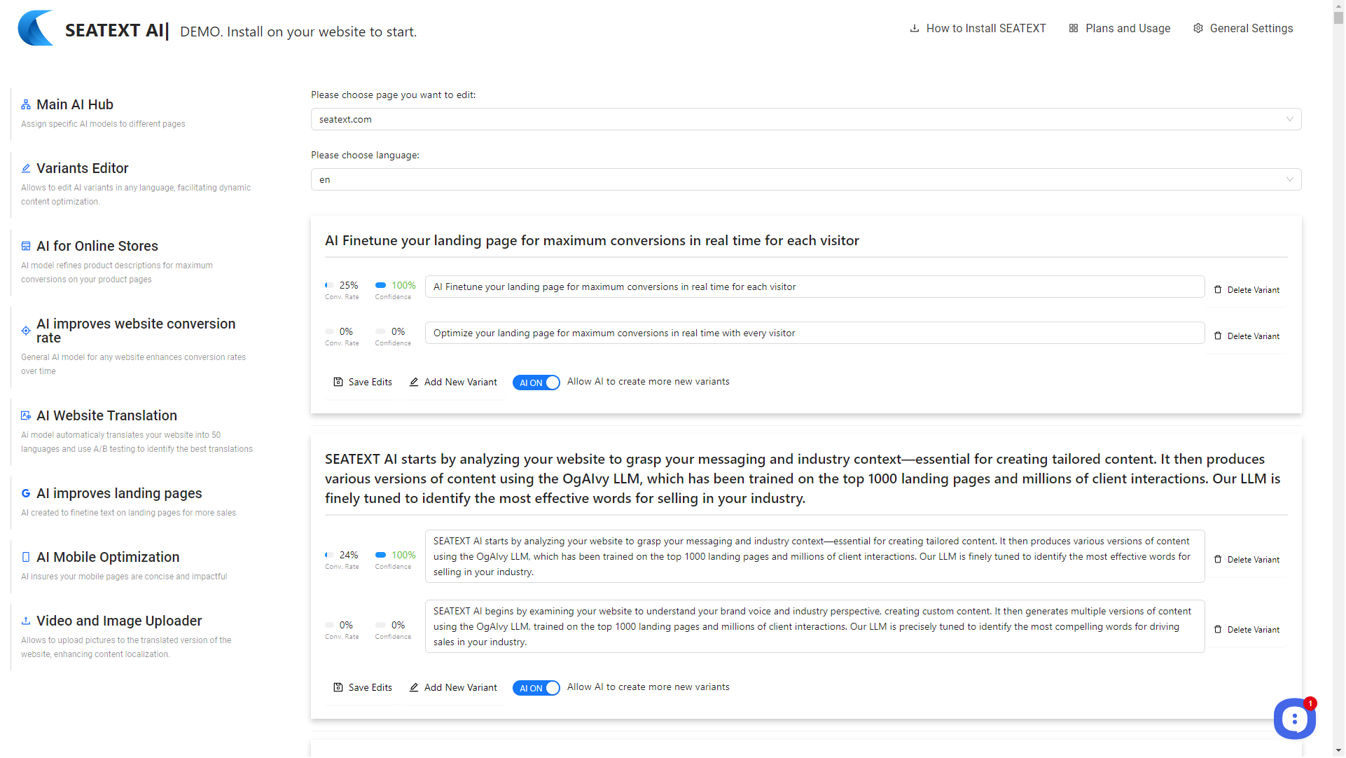 Seatext variant editor dashboard